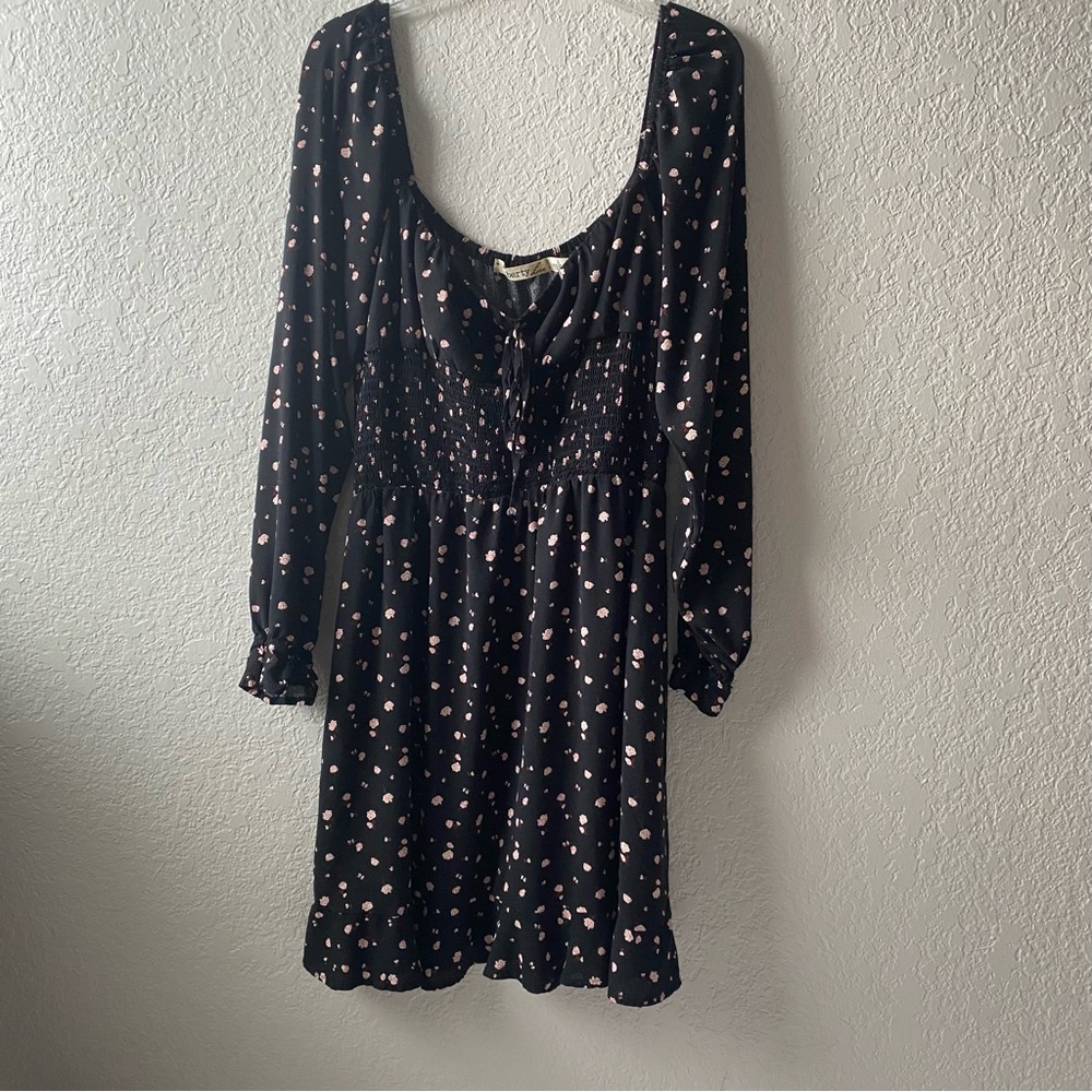 Liberty Love Black pink roses scooped neck Long Sleeve Sundress shirred